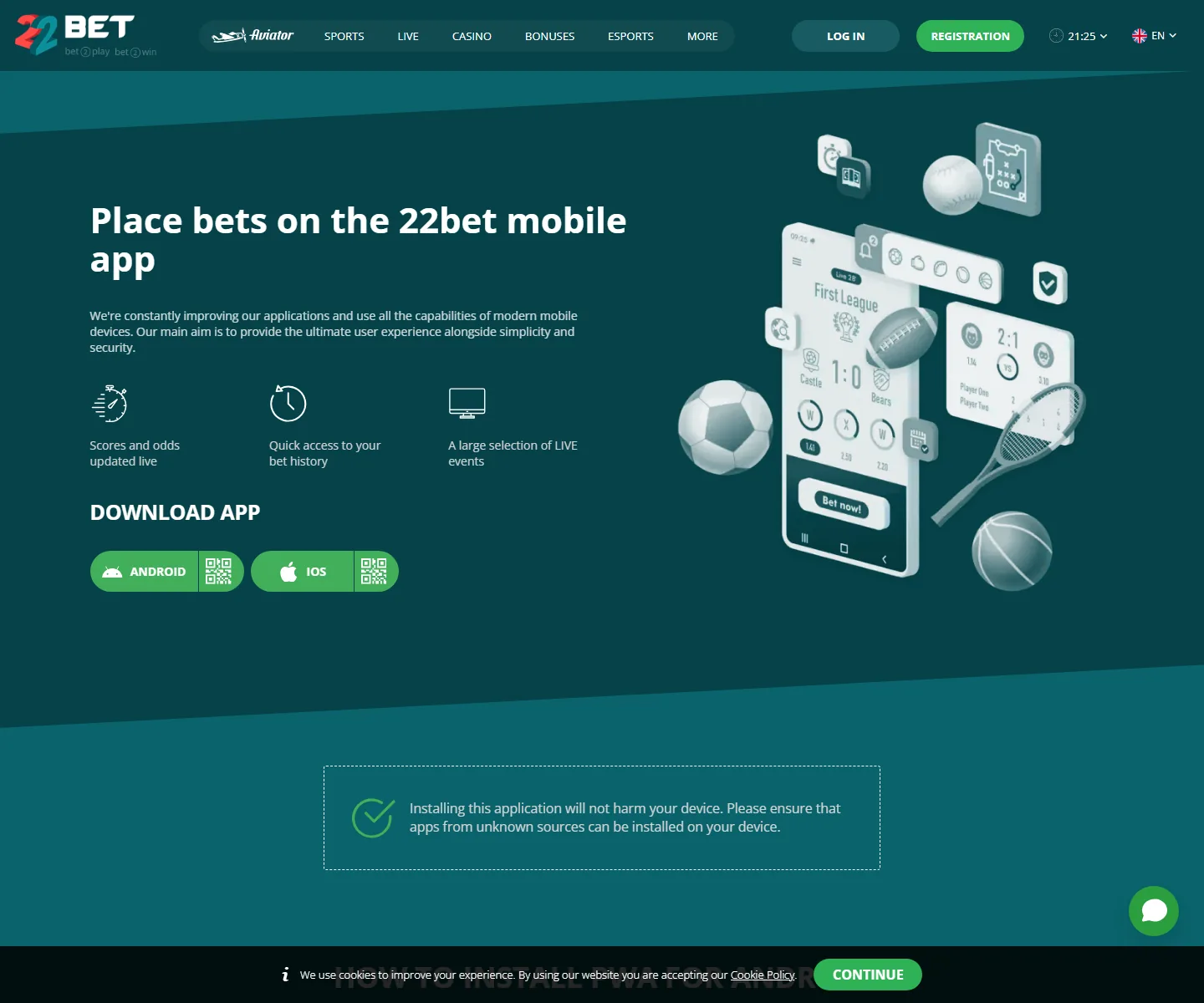 22bet app page with QR codes and the Android and iOS download buttons