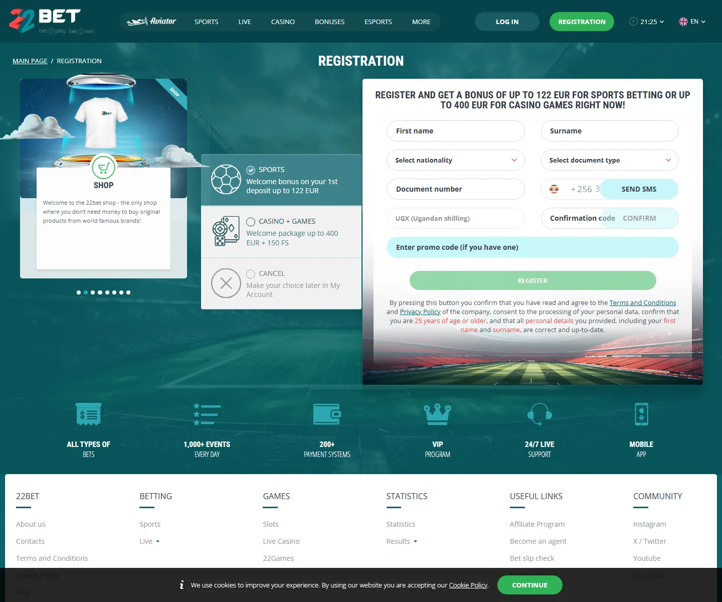 22bet registration form with the country, document type and phone number fields